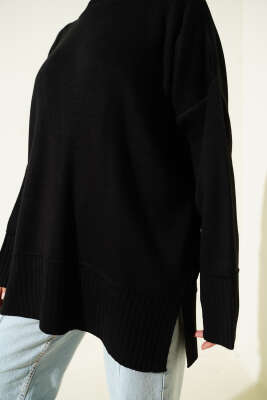 Yanı Yırtmaçlı Oversize Triko Tunik Siyah - Tunik