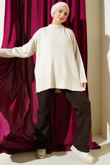 Yanı Yırtmaçlı Oversize Triko Tunik Taş - Tunik