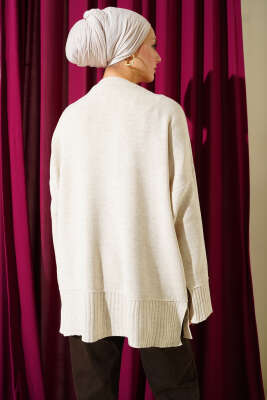 Yanı Yırtmaçlı Oversize Triko Tunik Taş - Tunik