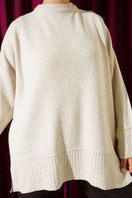 Yanı Yırtmaçlı Oversize Triko Tunik Taş - Tunik
