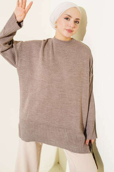 Yanı Yırtmaçlı Oversize Triko Tunik Vizon - Tunik