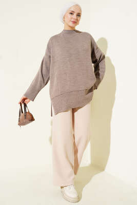 Yanı Yırtmaçlı Oversize Triko Tunik Vizon - Tunik