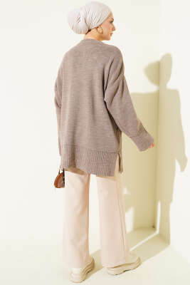 Yanı Yırtmaçlı Oversize Triko Tunik Vizon - Tunik