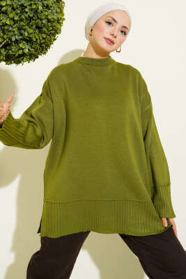 Yanı Yırtmaçlı Oversize Triko Tunik Yağ Yeşili - VANİZA TRİKO