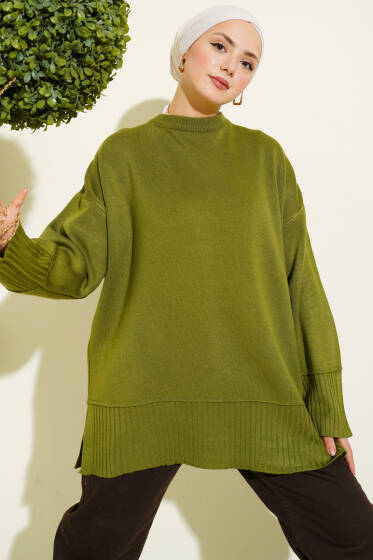 Yanı Yırtmaçlı Oversize Triko Tunik Yağ Yeşili - Tunik