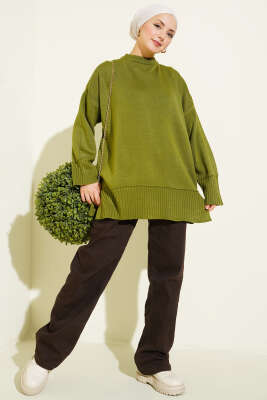 Yanı Yırtmaçlı Oversize Triko Tunik Yağ Yeşili - Tunik