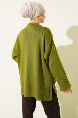 Yanı Yırtmaçlı Oversize Triko Tunik Yağ Yeşili - Tunik
