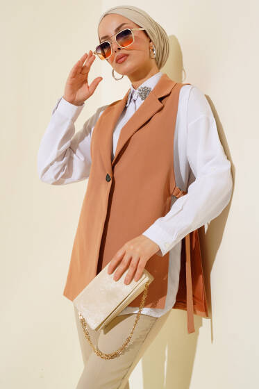 Yanları Açık Yelek Latte - Tunik