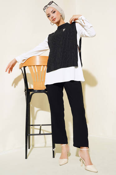 Yanları Aksesuarlı Çizgili Takım Siyah - İkili Takım