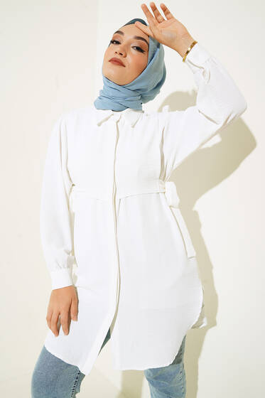 Yanları Bağlama Detaylı Gömlek Ekru - Tunik