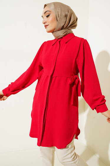 Yanları Bağlama Detaylı Gömlek Kırmızı - Tunik