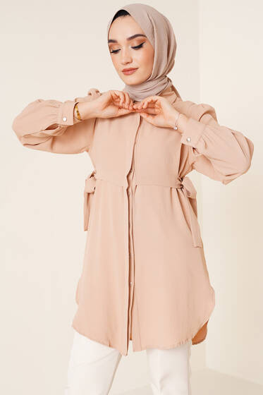 Yanları Bağlama Detaylı Gömlek Latte - Tunik