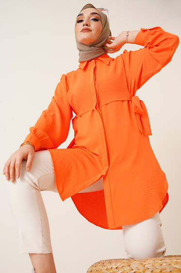 Yanları Bağlama Detaylı Gömlek Oranj - Tunik