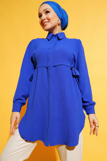 Yanları Bağlama Detaylı Gömlek Saks - Tunik