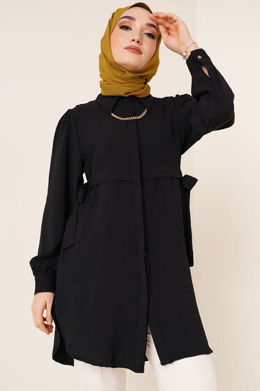 Yanları Bağlama Detaylı Gömlek Siyah - Tunik