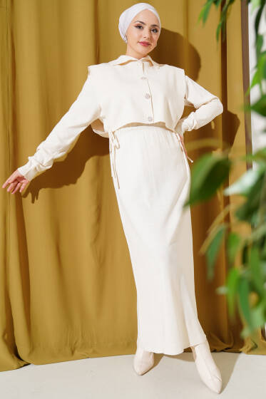 Yanları Bağlamalı Bolerolu Triko İkili Takım Bej - Triko