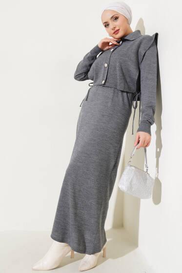 Yanları Bağlamalı Bolerolu Triko İkili Takım Füme - Triko