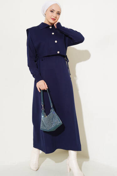 Yanları Bağlamalı Bolerolu Triko İkili Takım Lacivert - İkili Takım