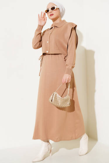 Yanları Bağlamalı Bolerolu Triko İkili Takım Latte - Triko