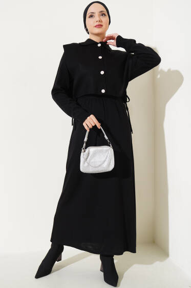 Yanları Bağlamalı Bolerolu Triko İkili Takım Siyah - Triko