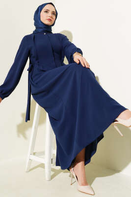Yanları Bağlamalı Boydan Düğmeli Elbise Lacivert 