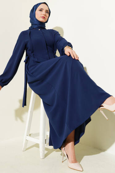 Yanları Bağlamalı Boydan Düğmeli Elbise Lacivert - Tesettür Elbise
