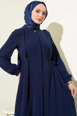 Yanları Bağlamalı Boydan Düğmeli Elbise Lacivert - Tesettür Elbise