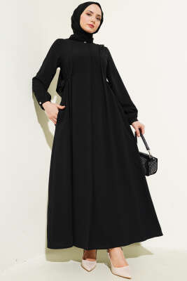Yanları Bağlamalı Boydan Düğmeli Elbise Siyah - Tesettür Elbise
