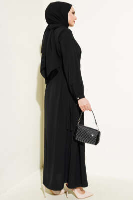 Yanları Bağlamalı Boydan Düğmeli Elbise Siyah - Tesettür Elbise