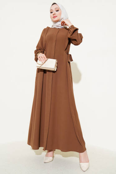 Yanları Bağlamalı Boydan Düğmeli Elbise Taba - Elbise