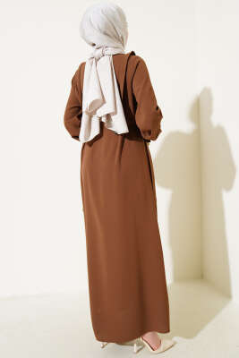 Yanları Bağlamalı Boydan Düğmeli Elbise Taba - Tesettür Elbise