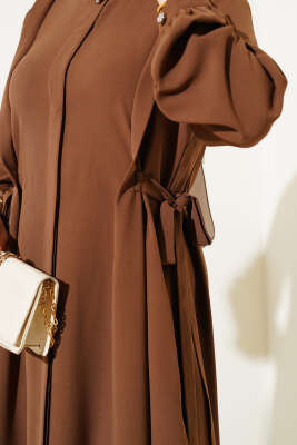 Yanları Bağlamalı Boydan Düğmeli Elbise Taba - Tesettür Elbise