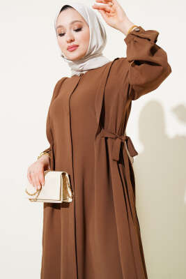 Yanları Bağlamalı Boydan Düğmeli Elbise Taba - Tesettür Elbise