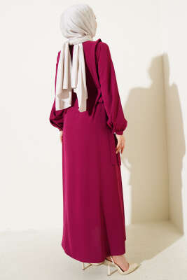 Yanları Bağlamalı Boydan Düğmeli Elbise Vişne - Tesettür Elbise