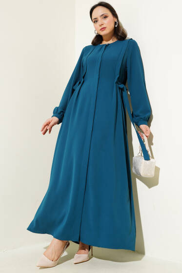 Yanları Bağlamalı Boydan Düğmeli Elbise Zümrüt - Tesettür Elbise