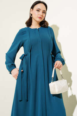 Yanları Bağlamalı Boydan Düğmeli Elbise Zümrüt - Tesettür Elbise