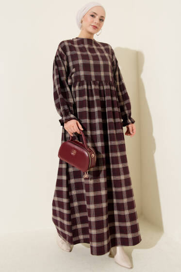 Yanları Bağlamalı Ekoseli Elbise Bordo - Elbise