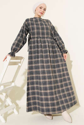 Yanları Bağlamalı Ekoseli Elbise Füme - ELİVA