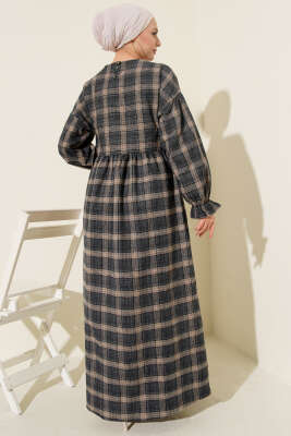 Yanları Bağlamalı Ekoseli Elbise Füme - Elbise