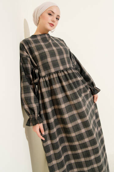 Yanları Bağlamalı Ekoseli Elbise Haki - Elbise
