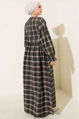 Yanları Bağlamalı Ekoseli Elbise Haki - Elbise