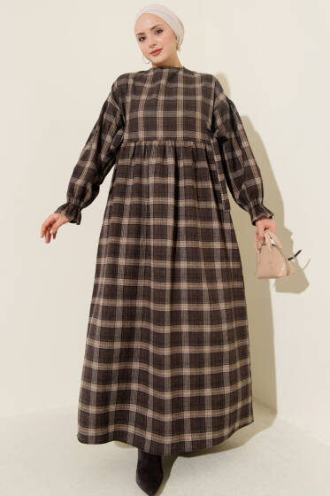 Yanları Bağlamalı Ekoseli Elbise Kahve - Elbise