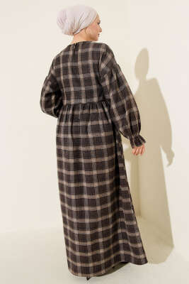 Yanları Bağlamalı Ekoseli Elbise Kahve - Elbise