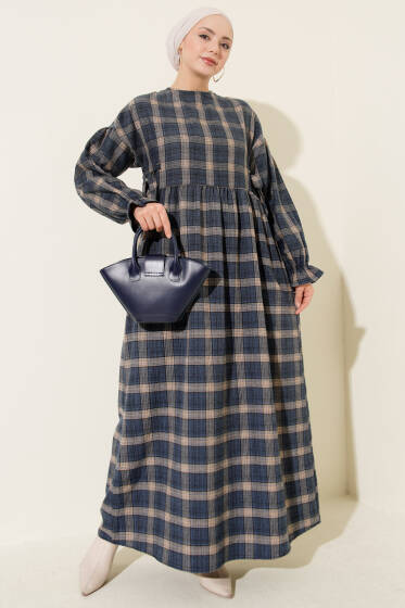 Yanları Bağlamalı Ekoseli Elbise Lacivert - Elbise