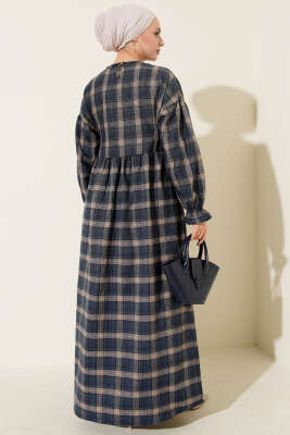 Yanları Bağlamalı Ekoseli Elbise Lacivert - Elbise