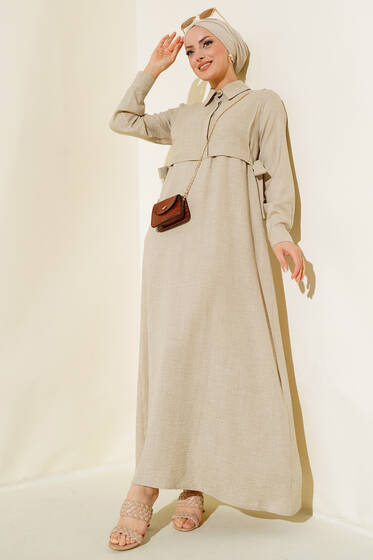 Yanları Bağlamalı Elbise Bej - Elbise