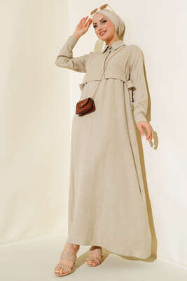 Yanları Bağlamalı Elbise Bej - Tesettür Elbise