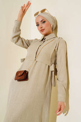 Yanları Bağlamalı Elbise Bej - Tesettür Elbise
