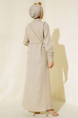 Yanları Bağlamalı Elbise Bej - Tesettür Elbise