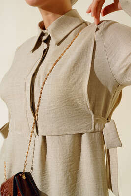 Yanları Bağlamalı Elbise Bej - Tesettür Elbise